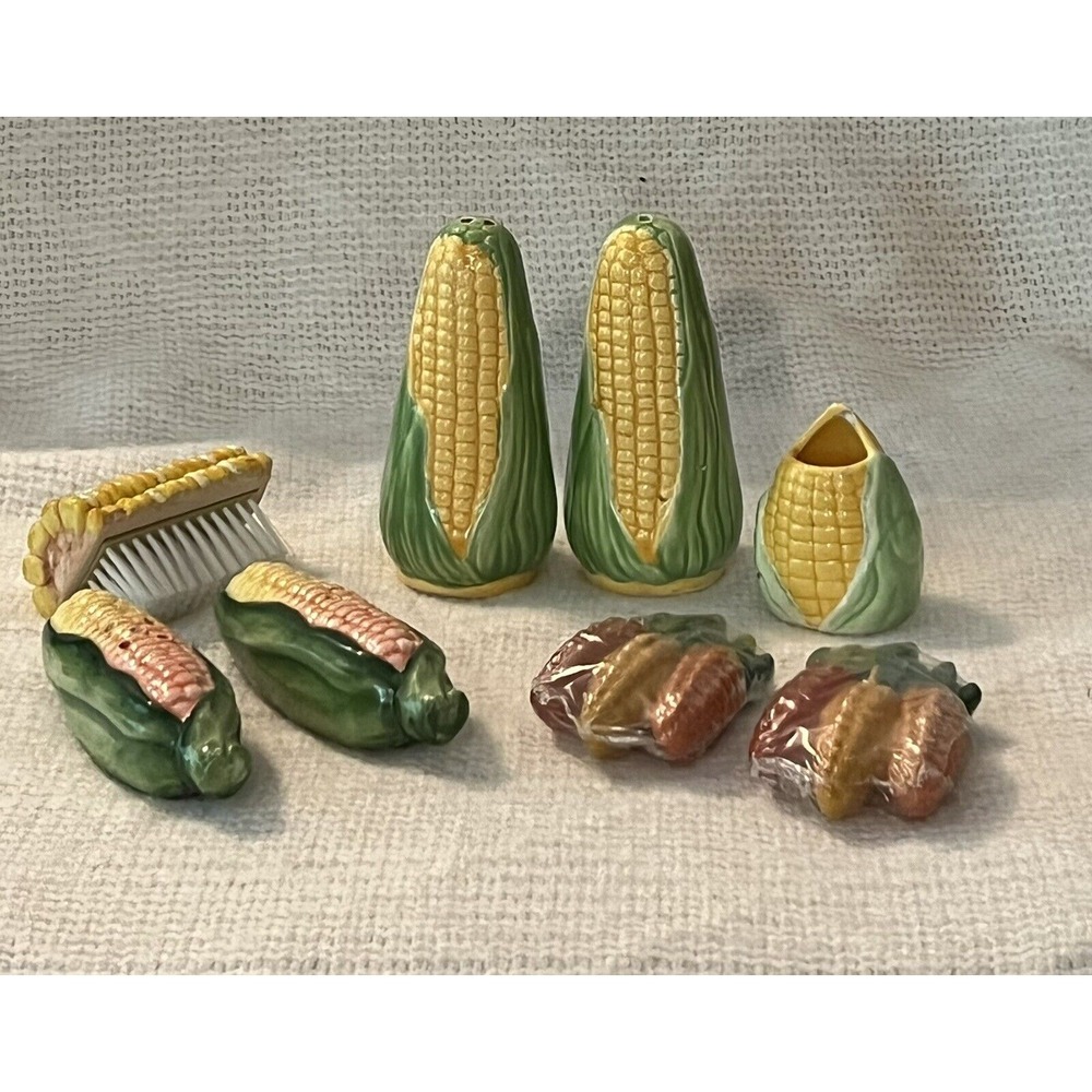 Lot Vintage Corn Salt & Pepper‎ Shakers Toothpick Holder Brush Wax Decor Pottery